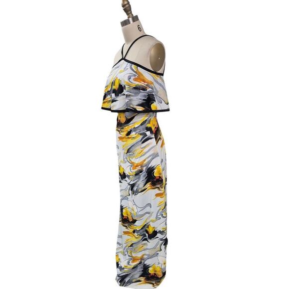 70s Vtg Leslie J  Halter Dress Blk/Wht/Yellow Watercolor Floral Maxi S - Picture 2 of 5